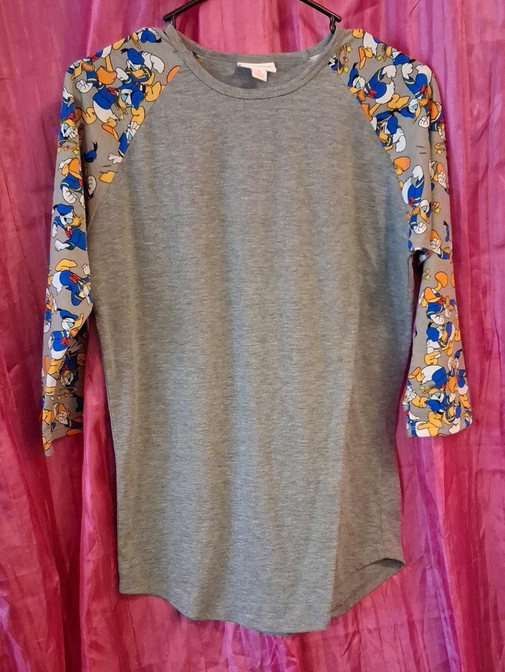 LuLaRoe Grey Raglan with Blue & Yellow  Cartoon Sleeve Accents DISNE DONALD DUCK